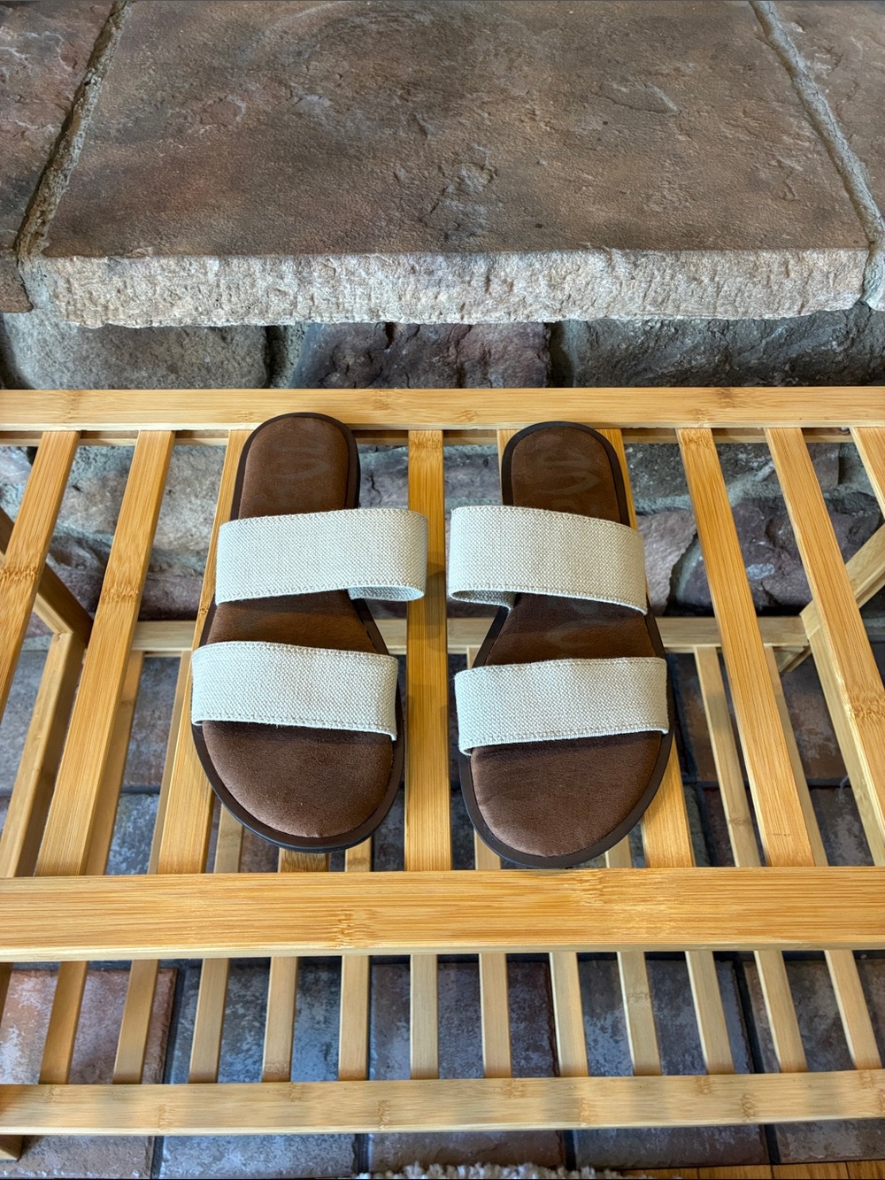 Mad Love Beige and Brown Double Strap Slide Sandals